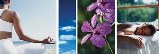 A collection of relaxing, pampering activities such as meditation and flowers A collection of pampering images including meditation, massage, sky and flowers
