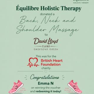 Proud to support the British Heart Foundation ❤️ Congratulations Emma N on completing the Great Bristol Half Marathon and redeeming your massage voucher today 👟✨